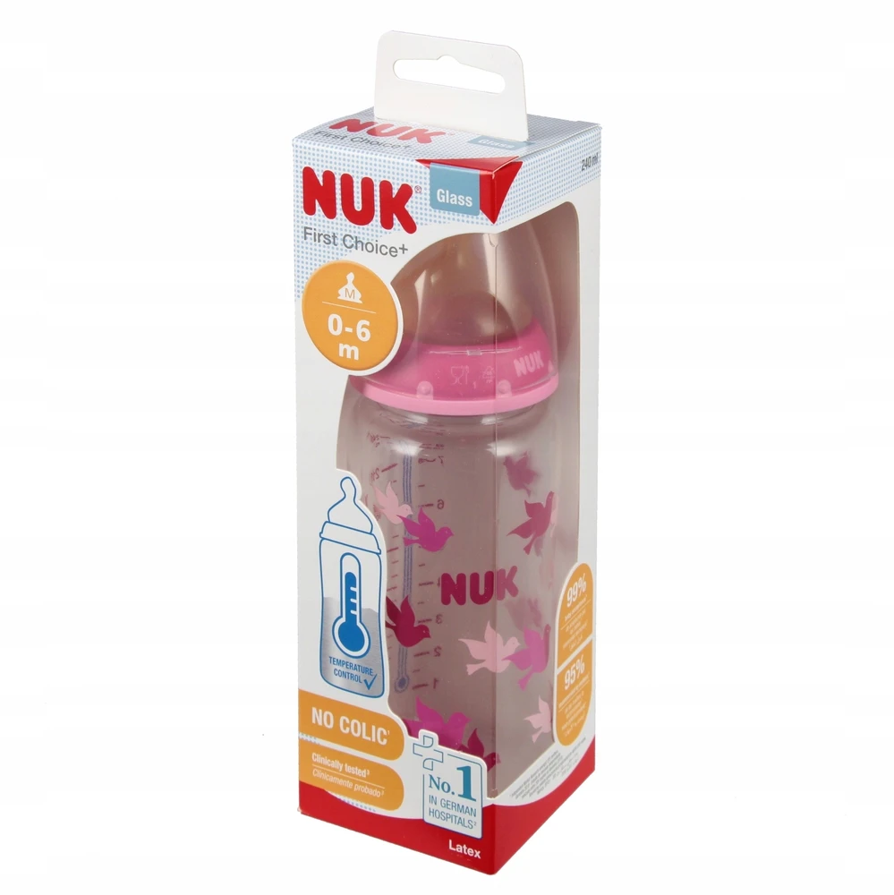 NUK Stiklinis buteliukas 240ml žindukas 0-6m First Choice rožinė 10745122