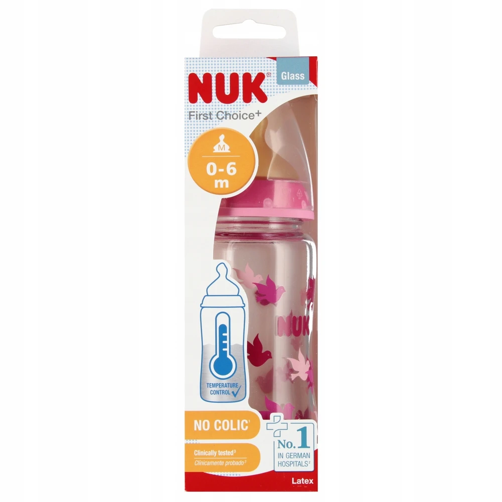 NUK Stiklinis buteliukas 240ml žindukas 0-6m First Choice rožinė 10745122