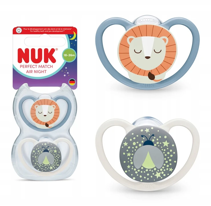 NUK tamsoje šviečiantys čiulptukai Perfect Match Air Night, 18-36 mėn, 2 vnt., įvairių spalvų