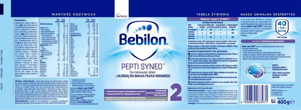 Nutridrink BEBILON PEPTI SYNEO2 400 gramų PIENAS VAIKAMS, SUSIEKTA ALERGIJOS PIENO BALTYMUMS