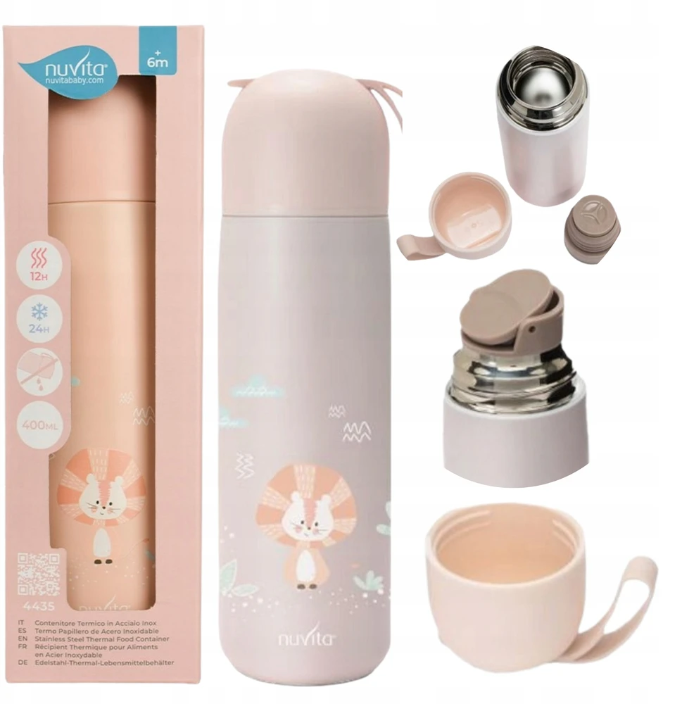 Nuvita Termosas vaikams, Plieninis rožinis termopuodelis su rankena, 400ml