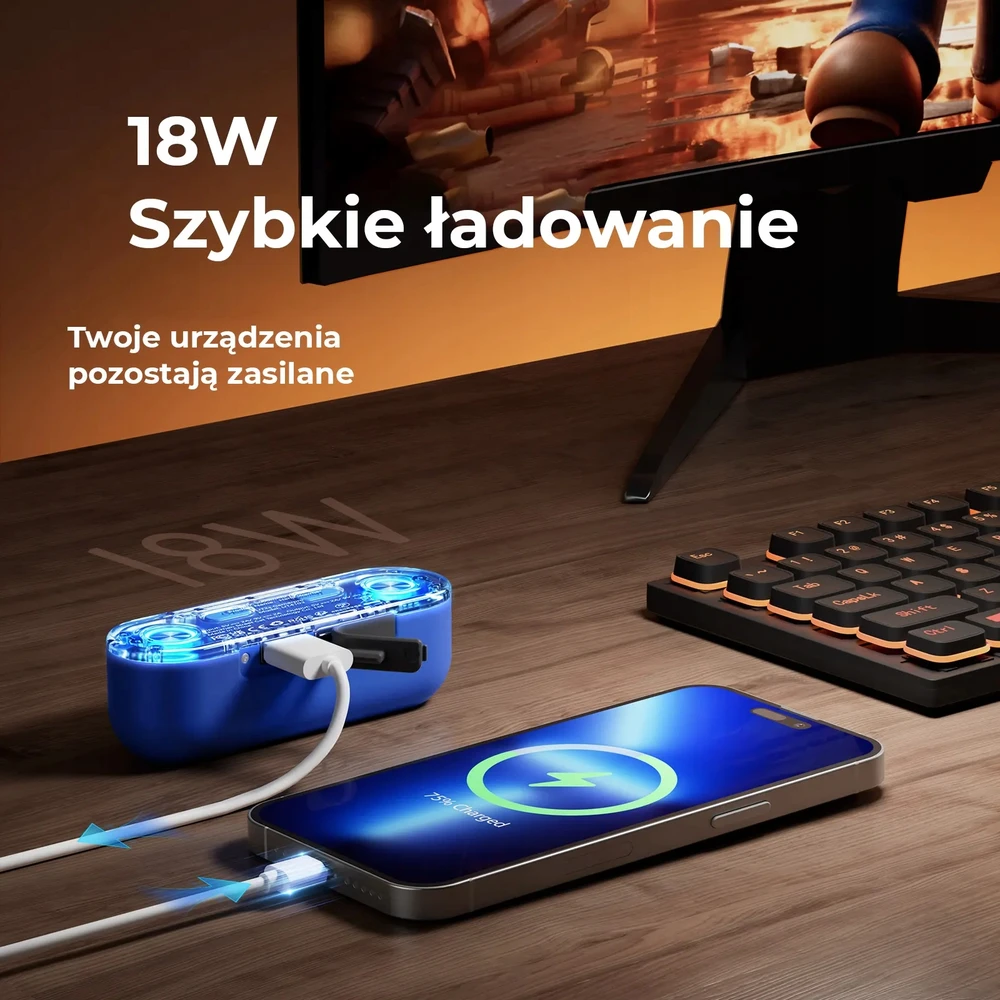 Ocoopa UT2s GamerPro, 2x 5000 mAh, iki 2*8h, maitinimo blokas 18 W, LED, juoda
