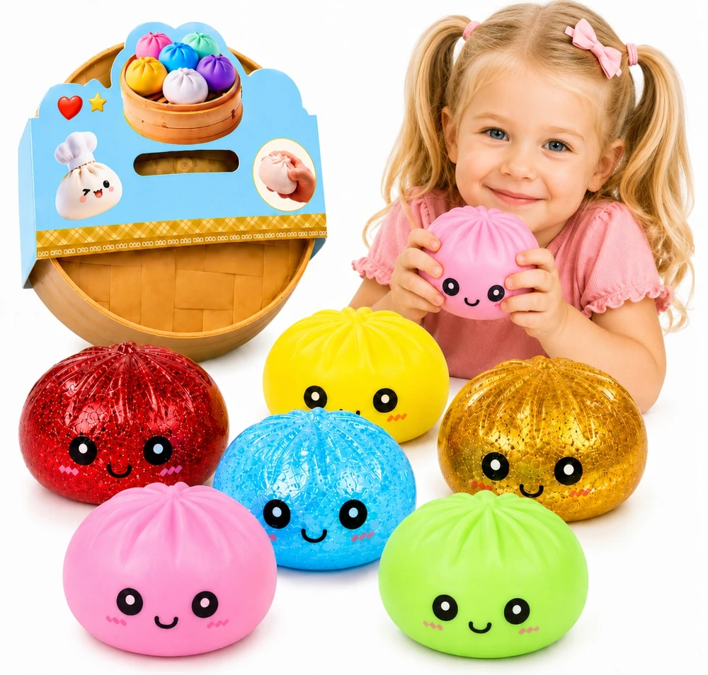 OKAMI Rinkinyje 3 vnt. Squishy squishy koldūnai Blizgučiai kukuliai 6 cm