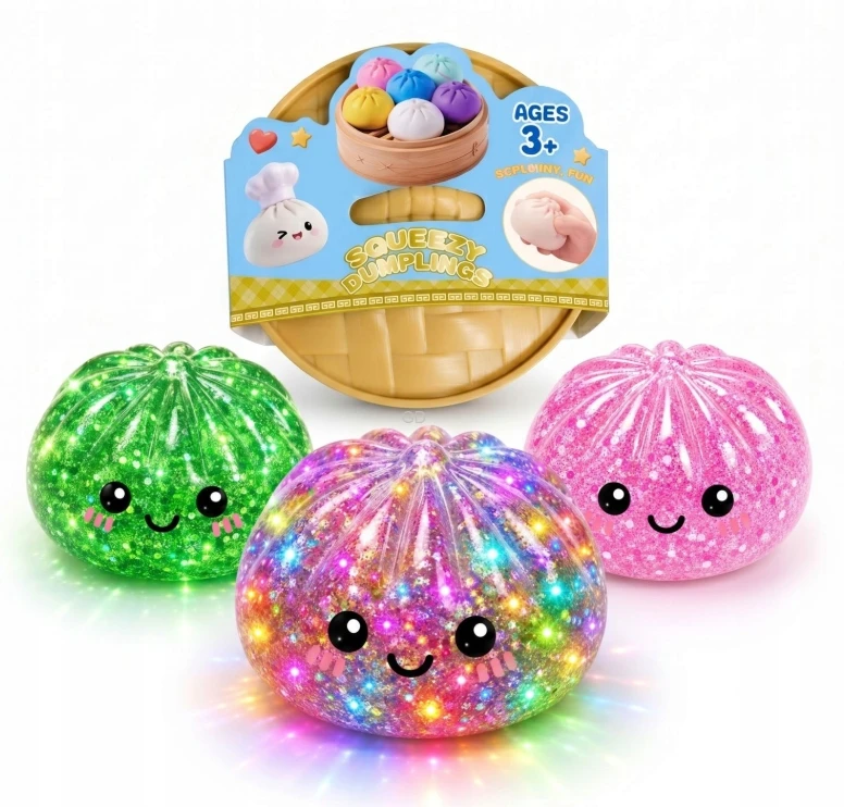 Okami Rinkinys 4in1 Squishy squishy koldūnų kukuliai GLITTER BUTTER CHEESE CLICKER LED