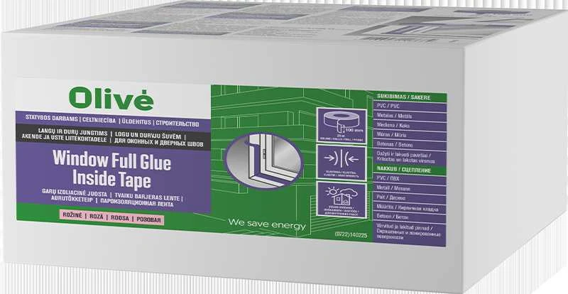 Olive Window Full Glue Inside Tape vidinė langų sandarinimo juosta su pilnu klijų sluoksniu DIY, rožinė 100 mm 25 m