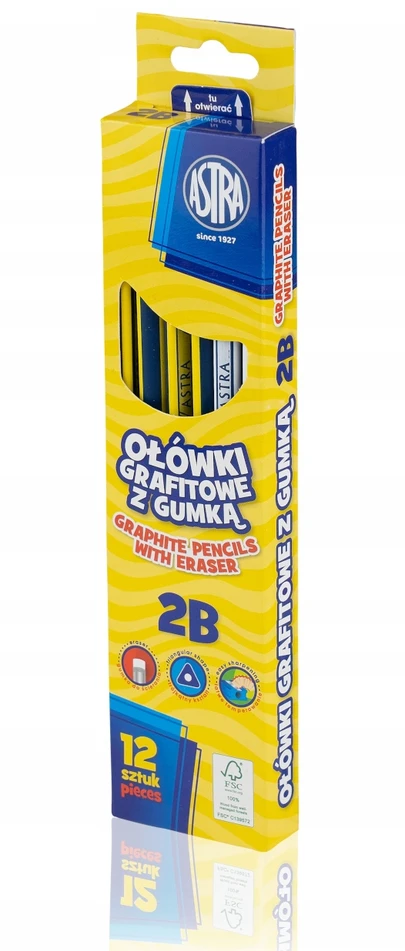 Ołówki Grafitowe 2B Z Gumką Astra 12 vnt. Komplet
