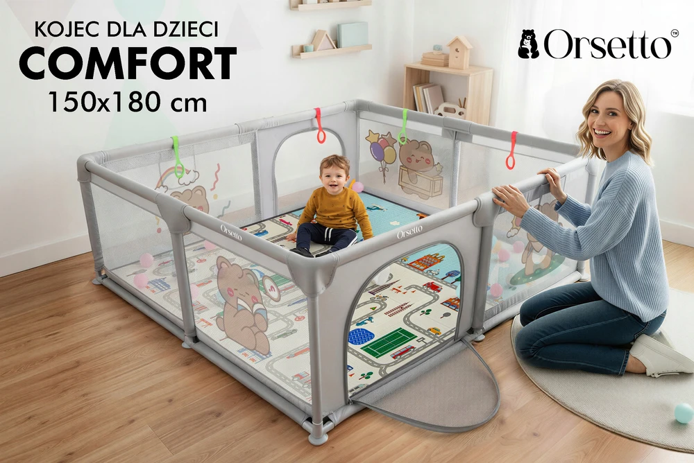 Orsetto KOJEC DZIECIĘCY Žaidimų aikštelė Z MATĄ PIANKOWĄ 150x180 cm 4 UCHWYTY + 50 PIŁEK