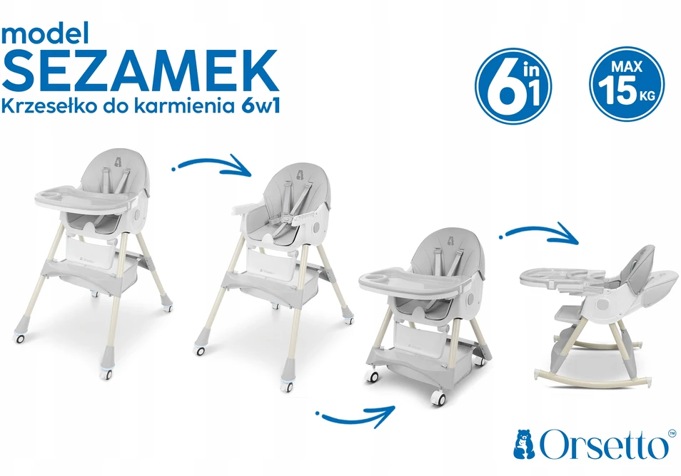 Orsetto MAITINIMO KĖDĖ SU SUKURIMO FUNKCIJA VAIKAMS 6 viename SULANKSTAMAS PILKAS