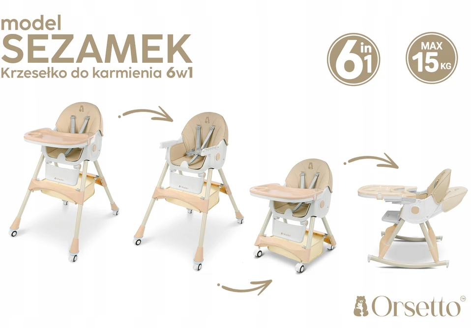 Orsetto MAITINIMO KĖDĖ SU SUPAMOJO FUNKCIJA VAIKAMS 6 viename SUlenkiama smėlio spalvos