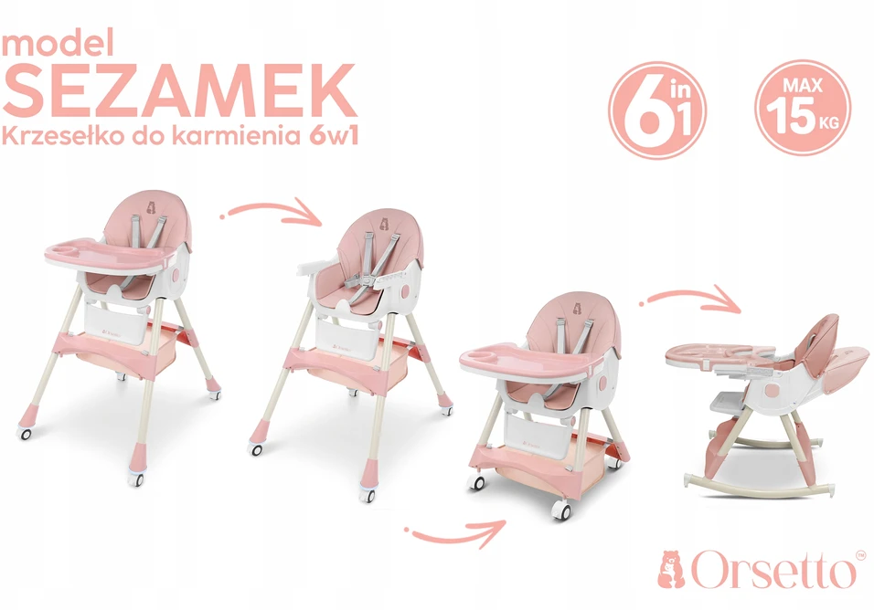 Orsetto MAITINIMO KĖDĖ SU SUPAMOJO FUNKCIJA VAIKAMS 6 viename SULANKSTAMAS RAUŽAS