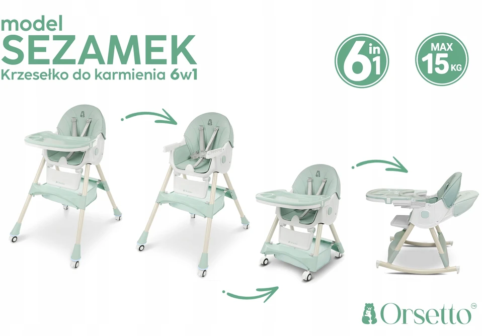 Orsetto MAITINIMO KĖDĖ SU SUPAMOJO FUNKCIJA VAIKAMS 6 viename SULANKSTAMAS ŽALIA
