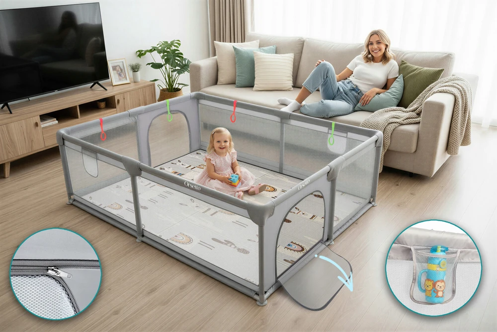 Orsetto VAIKŲ DARŽAS SU PUTOLOMIS KILIMU 150x180 cm SAUSAS BASEINAS + RANKENĖLES IR 50 KAMULIŲ