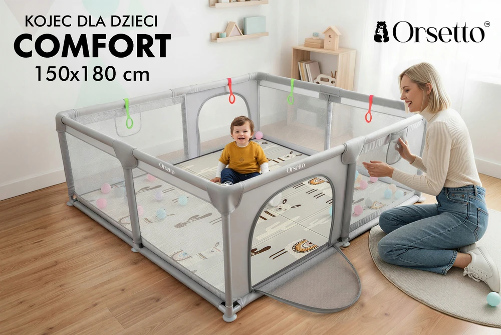 Orsetto VAIKŲ DARŽAS SU PUTOLOMIS KILIMU 150x180 cm SAUSAS BASEINAS + RANKENĖLES IR 50 KAMULIŲ