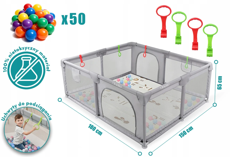 Orsetto VAIKŲ DARŽAS SU PUTOLOMIS KILIMU 150x180 cm SAUSAS BASEINAS + RANKENĖLES IR 50 KAMULIŲ