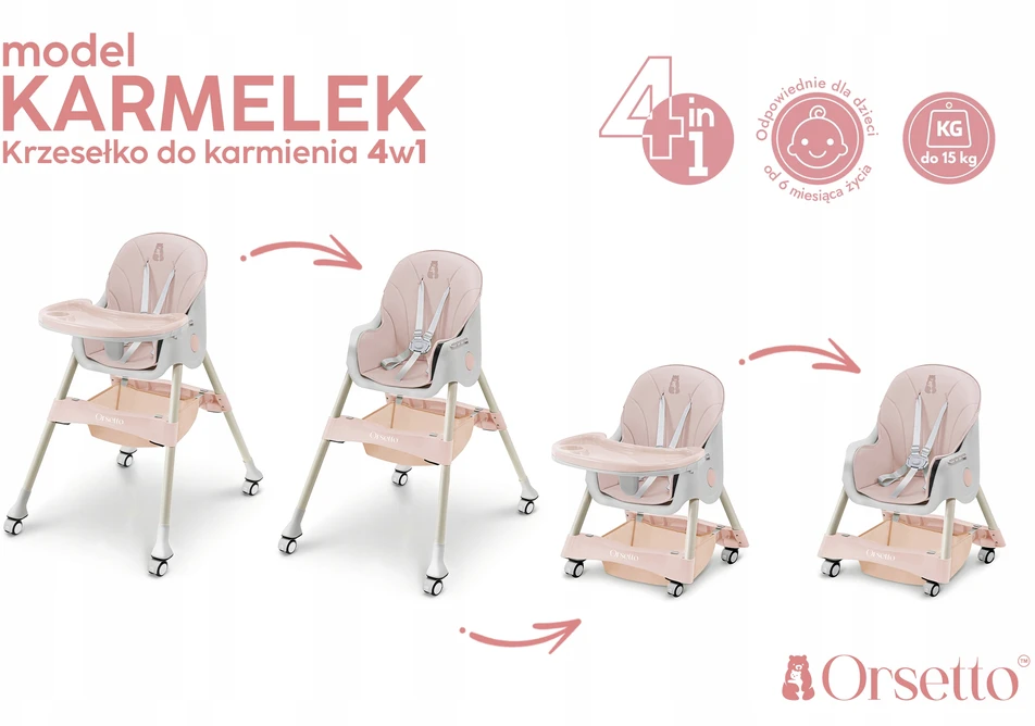Orsetto VAIKŲ KARAMELĖ MAITINIMO KĖDĖ 4 IN 1, SULANKSTAMAS DIRŽELAIS + NEMOKAMAI