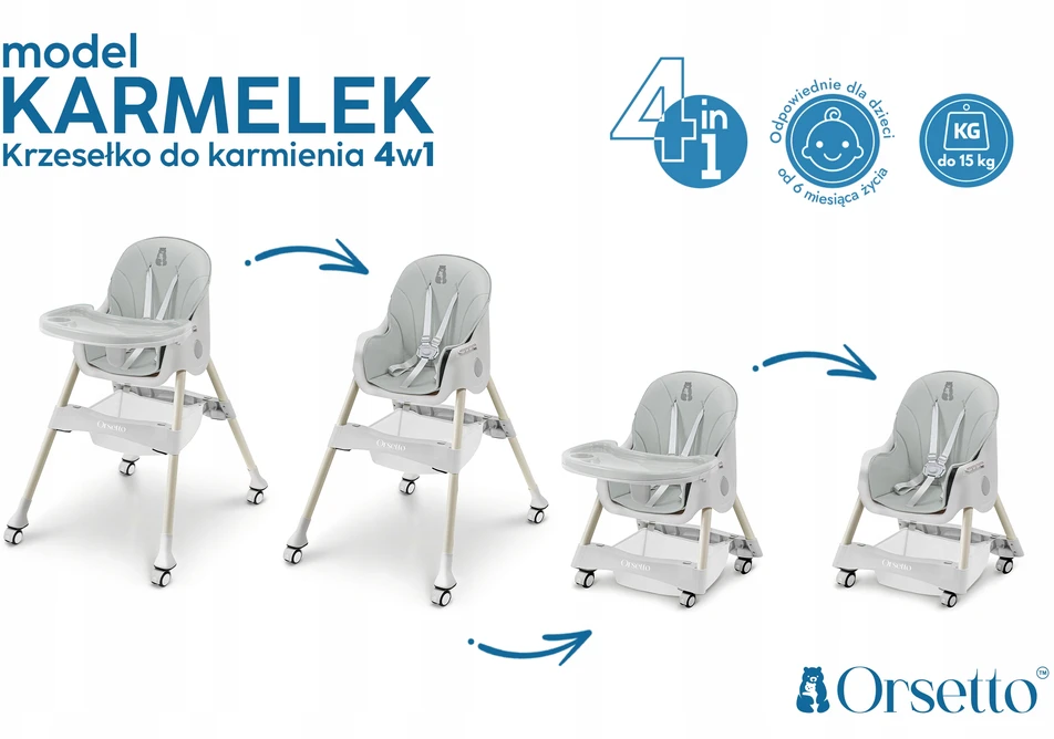 Orsetto VAIKŲ KARAMELĖ MAITINIMO KĖDĖ 4 IN 1, sulankstoma DIRŽELAIS + NEMOKAMAI