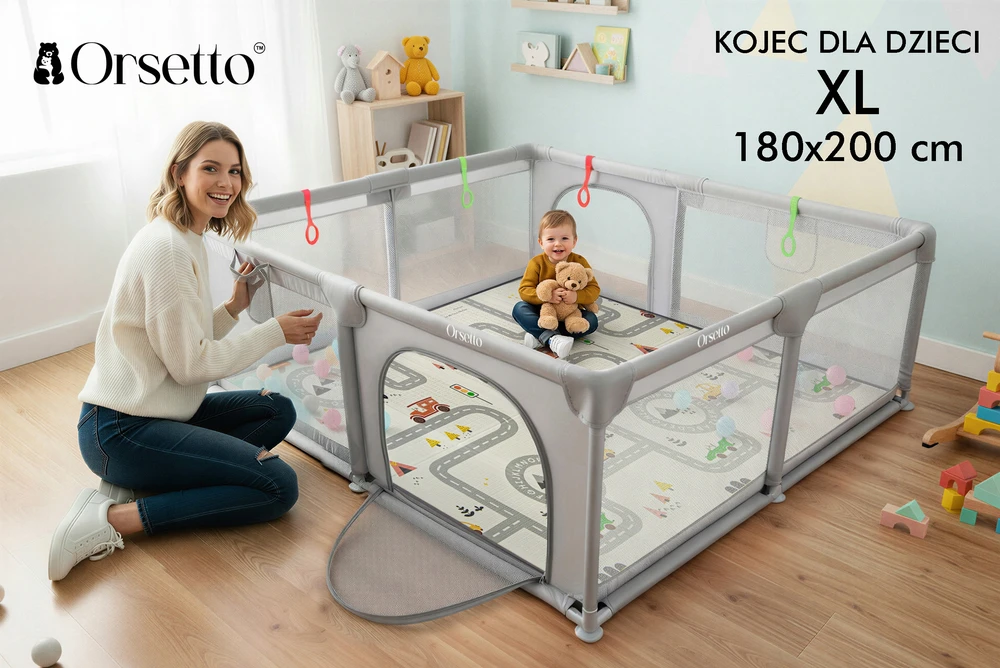 Orsetto VAIKŲ PENSIJOS XL SU PUNO KILIMU 180x200 cm + 4 RANKENĖLĖMIS IR 50 KAMULIŲ