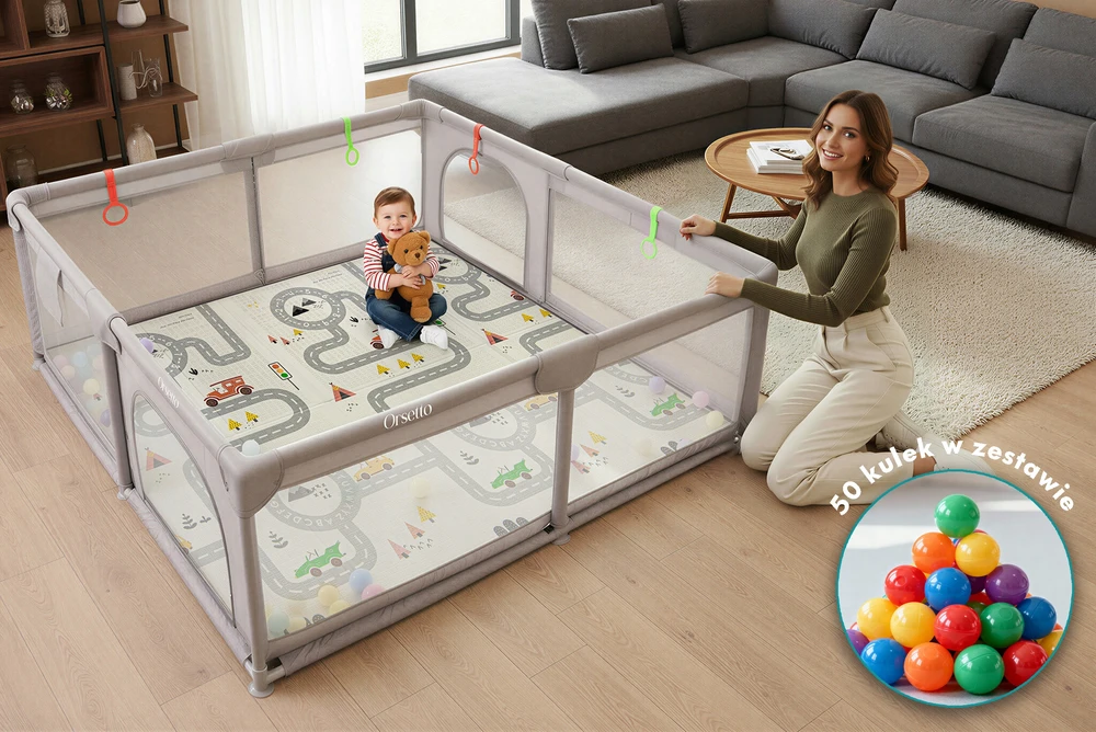 Orsetto VAIKŲ PENSIJOS XL SU PUNO KILIMU 180x200 cm + 4 RANKENĖLĖMIS IR 50 KAMULIŲ