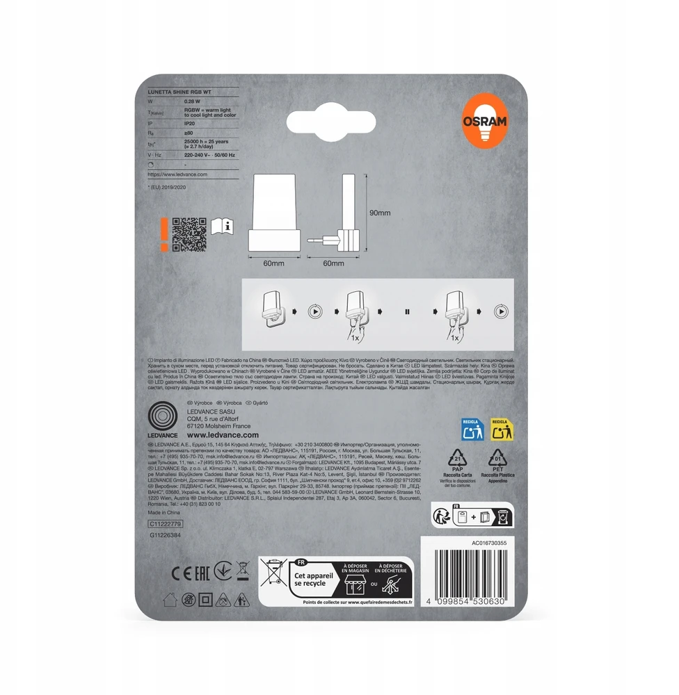 Osram 0,28W LED naktinis šviestuvas LUNETTA, baltas, 2700/6000K/RGB, su šviesos jutikliu