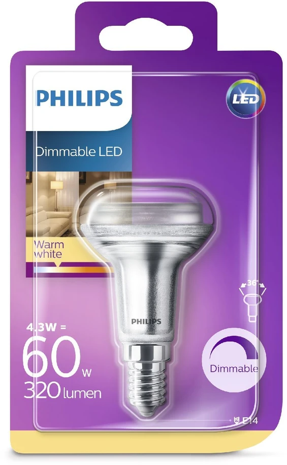 LED lempa Osram, R50, 36°, 4.3W, E14, 2700K, 345lm, skaidri