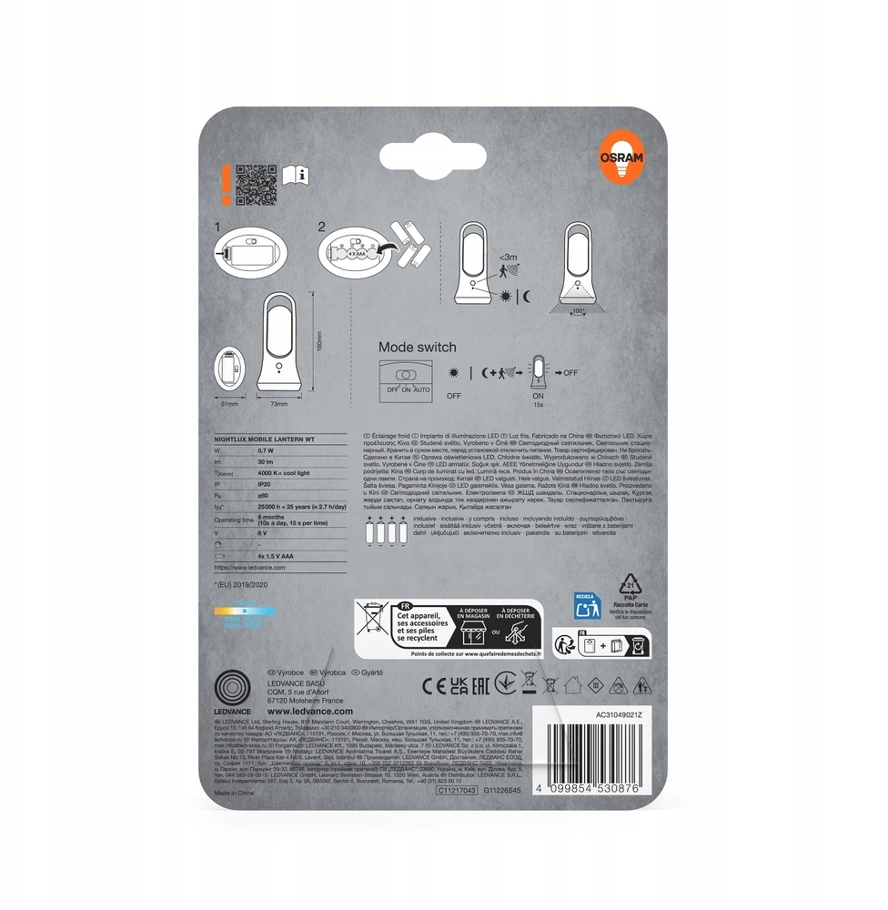 Osram 0,65W LED mobilus naktinis šviestuvas NIGHTLUX LANTERN, baltas, 4000K, su baterija ir judesio bei šviesos jutikliu