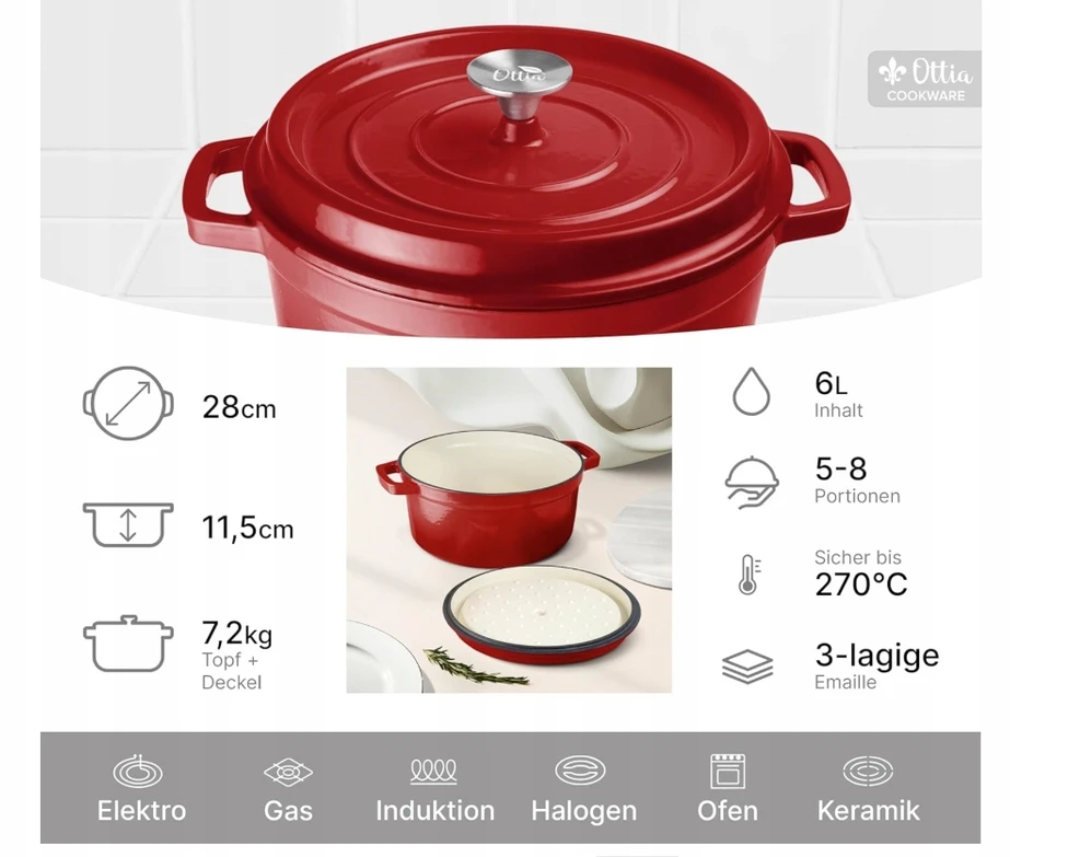 Ottia tradicinis puodas 6 l RAUDONAS