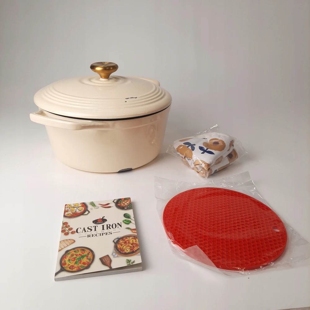 Overmont 26 cm emaliuotas ketaus puodas troškinimui ir kepimui, baltas