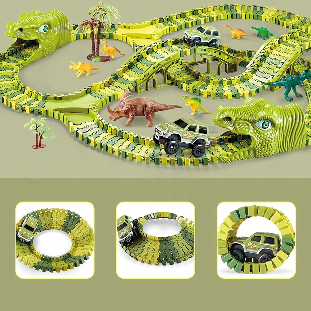Owl Tech MEGA RACE TRAK DINOZAUURŲ PARKAS MAGIC TRACK AUTOMOBILIŲ KONSTRUKCIJOS RINKINYS 270