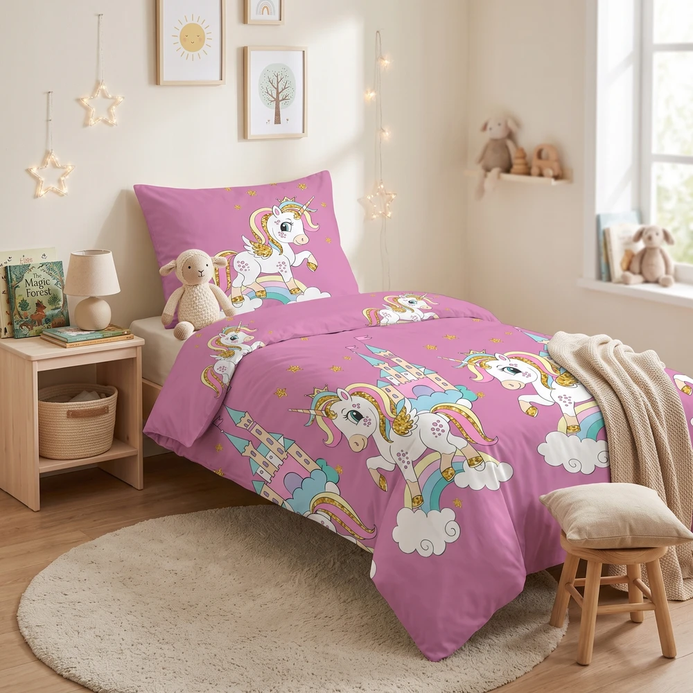 Patalynės komplektas Łóżkoholicy Patalynė 140x200 2 dalių komplektas pagalvės užvalkalas 70x80 satino Maria unicorn