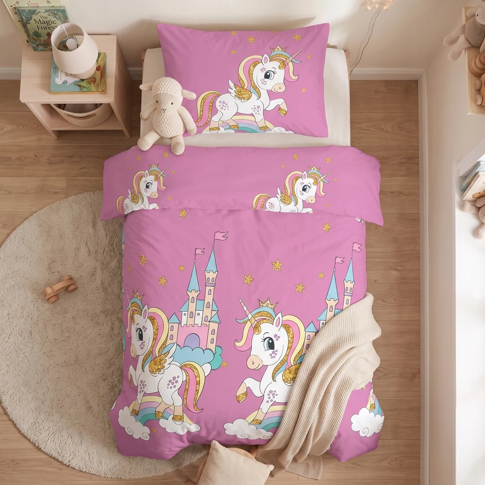 Patalynės komplektas Łóżkoholicy Patalynė 140x200 2 dalių komplektas pagalvės užvalkalas 70x80 satino Maria unicorn