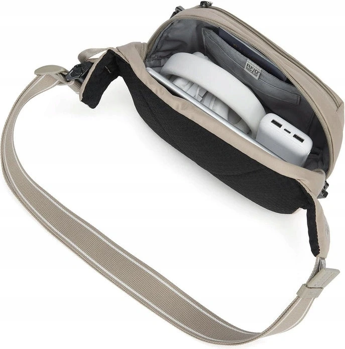Pacsafe Vibe 100 antivagiška juosmens rankinė su RFID apsauga, 4 l, smėlio (bežinė) spalvos