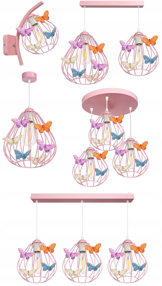 Pakabinamas lubinis šviestuvas, šviestuvas mergaitei, BUTTERFLY, 3 rožinės spalvos LED lempos