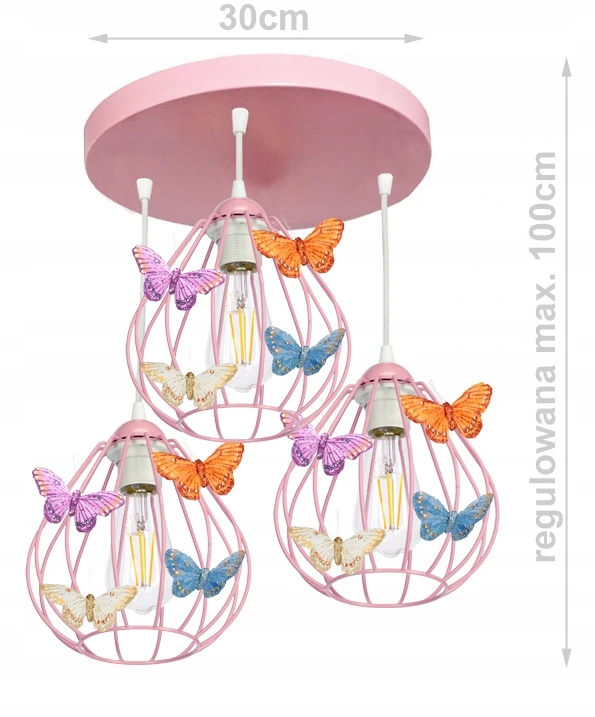 Pakabinamas lubinis šviestuvas, šviestuvas mergaitei, BUTTERFLY, 3 rožinės spalvos LED lempos