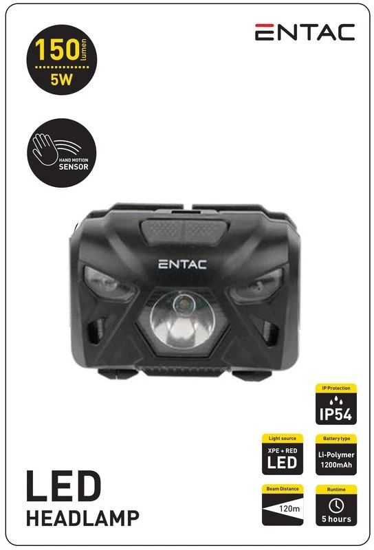 Pakraunamas žibintas ant galvos Entac 5W XPE+Raudonas USB Sensor
