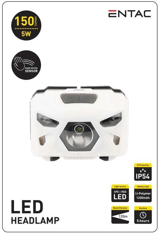 Pakraunamas žibintas ant galvos Entac 5W XPE+Raudonas USB Sensor