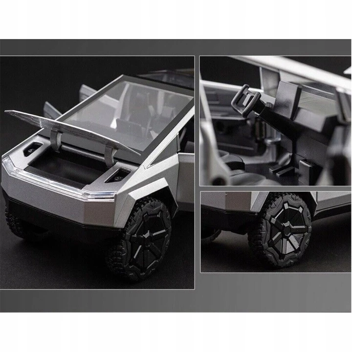 Pan i Pani Gadżet METALINIS MODELIS TESLA CYBERTRUCK SU QUAD 1:24 LED GARSO ATIDARYMOMIS DURELĖMIS