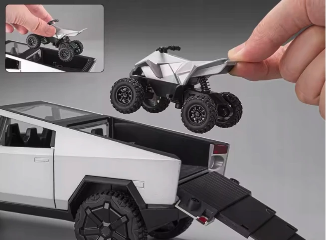 Pan i Pani Gadżet METALINIS MODELIS TESLA CYBERTRUCK SU QUAD 1:24 LED GARSO ATIDARYMOMIS DURELĖMIS