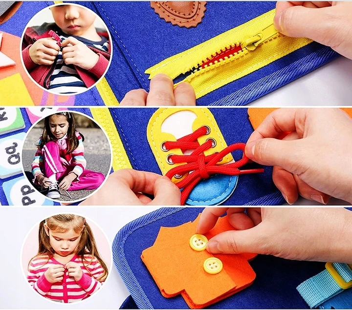 Pan i Pani Gadżet Montessori Sensory Manipulative Board Sulankstomas lagaminas mėlynas