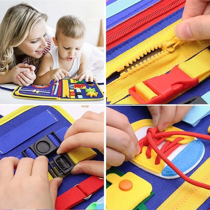 Pan i Pani Gadżet Montessori Sensory Manipulative Board Sulankstomas lagaminas mėlynas