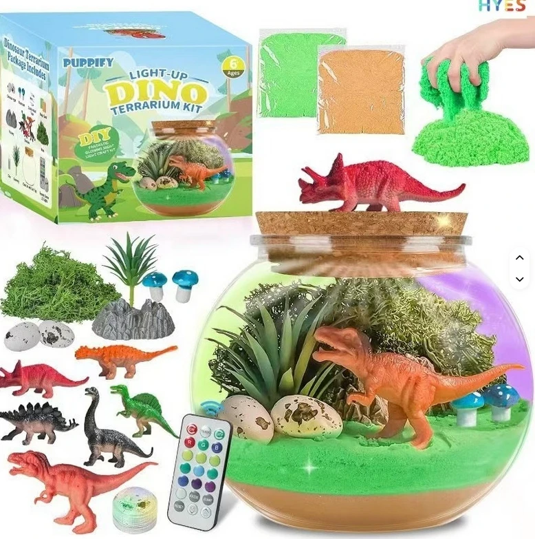 Para Toys Kūrybinis dinozaurų terariumo LED naktinio apšvietimo RGB kinetinis smėlio rinkinys