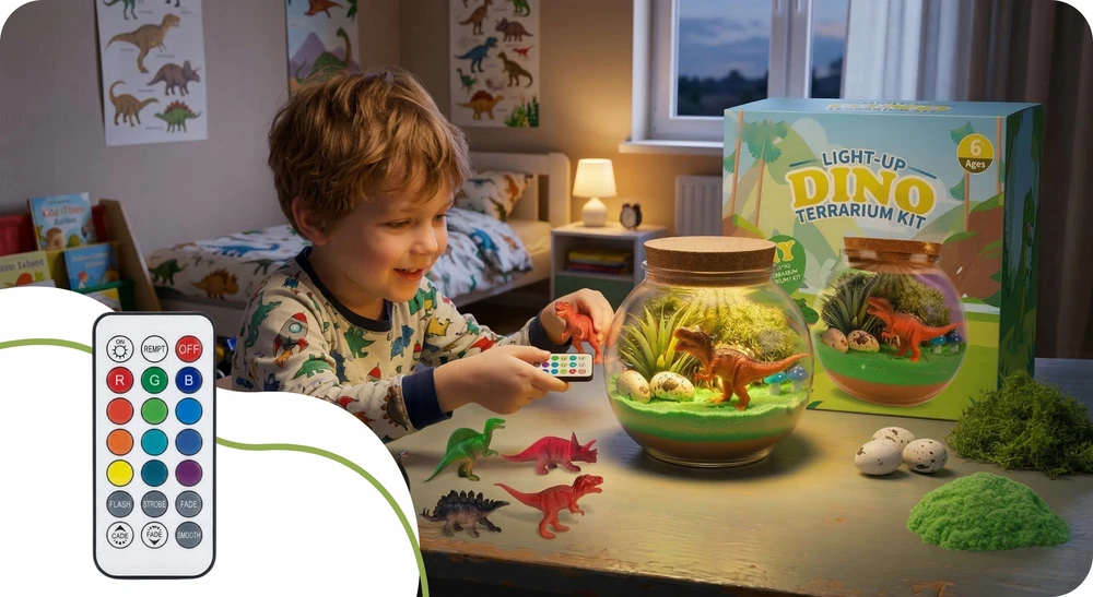 Para Toys Kūrybinis dinozaurų terariumo LED naktinio apšvietimo RGB kinetinis smėlio rinkinys