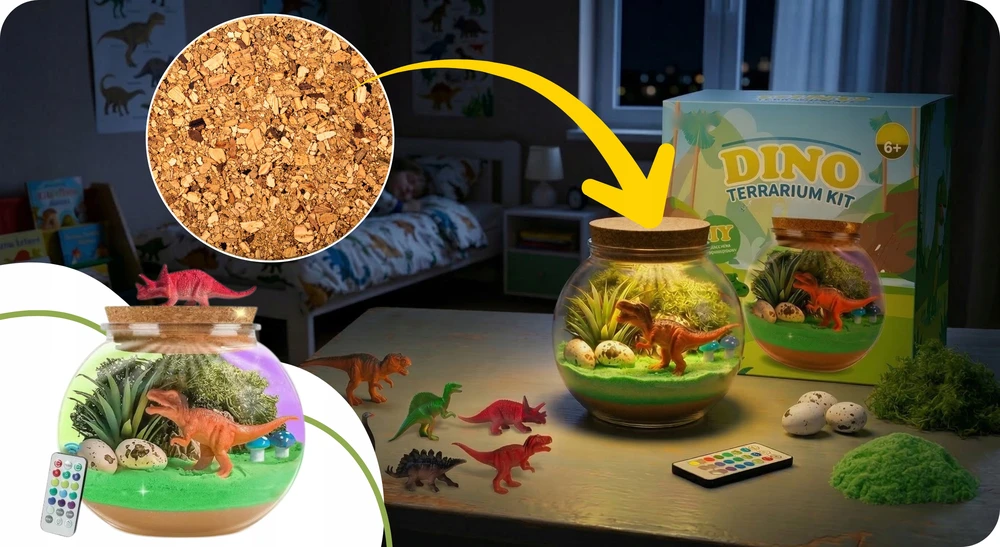 Para Toys Kūrybinis dinozaurų terariumo LED naktinio apšvietimo RGB kinetinis smėlio rinkinys