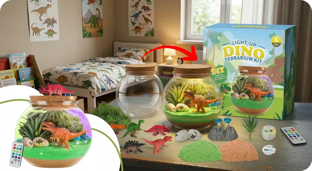 Para Toys Kūrybinis dinozaurų terariumo LED naktinio apšvietimo RGB kinetinis smėlio rinkinys