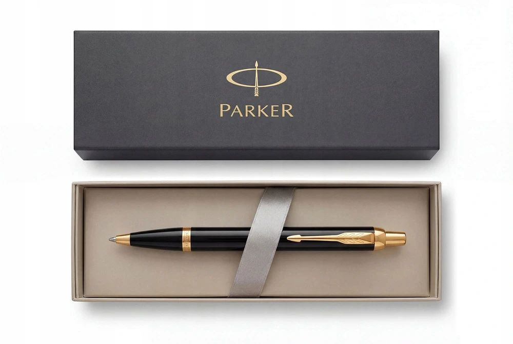 Parker Im Juodas rašiklis su graviravimu, aukso detalėmis, dovanų rinkinys