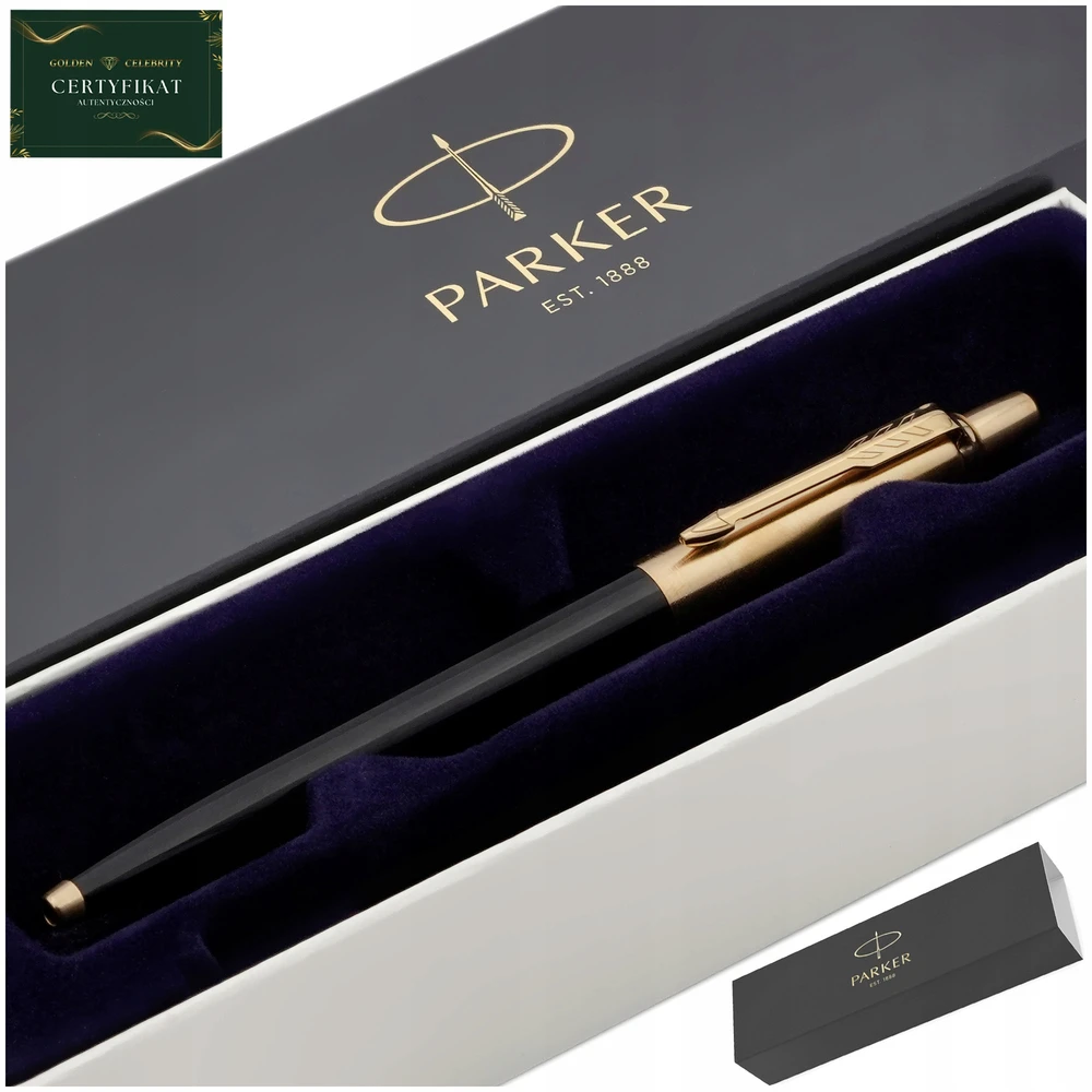 Parker Jotter juodas rašiklis 24k auksas su graviruotu dėklu
