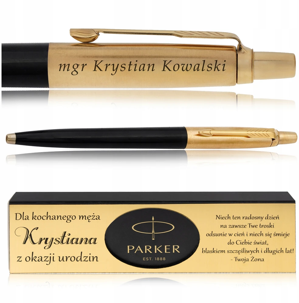 Parker Jotter juodas rašiklis 24k auksas su graviruotu dėklu