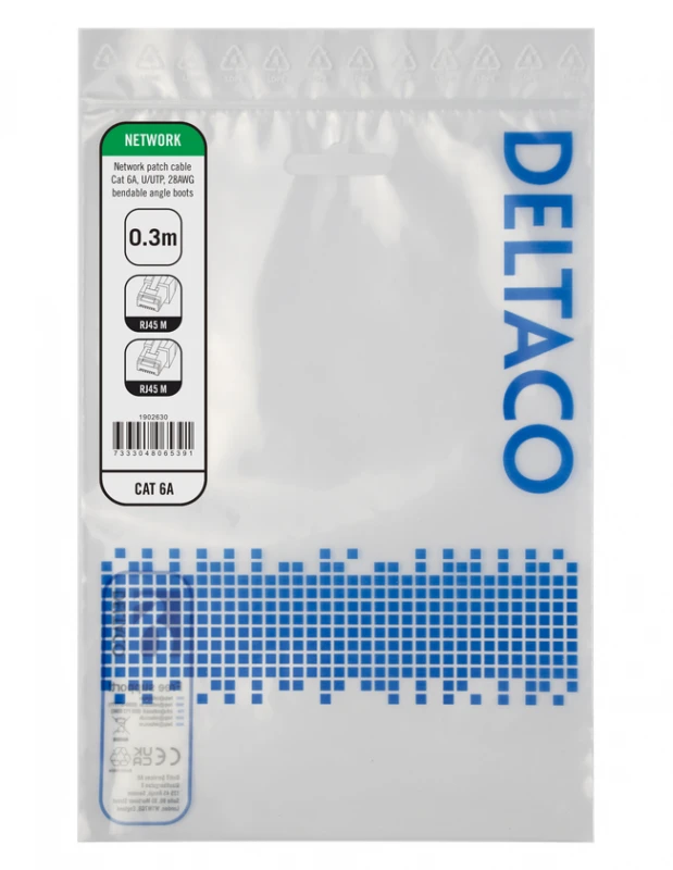 Patch kabelis DELTACO, Flex-Boot Bendable CAT.6A U/UTP 28AWG, 0,3m / 1902630