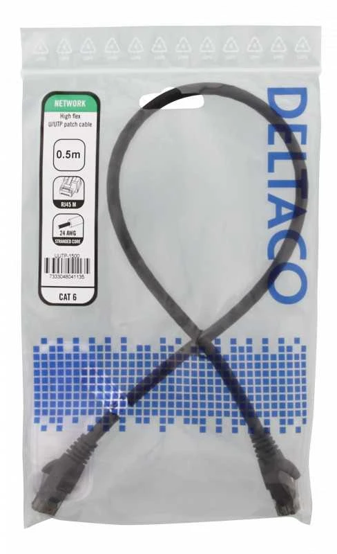 Patch kabelis DELTACO U/UTP High Flex Cat6, vyta šerdis, 24AWG, 500MHz, LSZH, juodas / UUTP-1500