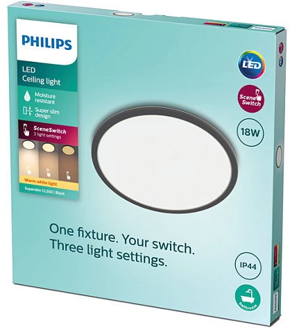 Lubinis šviestuvas Paviršinis LED šviestuvas PHILIPS SUPERSLIM, IP44, 18 W, 2700 K, 1500 lm, dimer., juodos sp., Ø29 cm