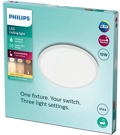Lubinis šviestuvas Paviršinis LED šviestuvas PHILIPS SUPERSLIM, IP44, 18 W, 2700 K, 1500 lm, dimer., baltos sp., Ø29 cm